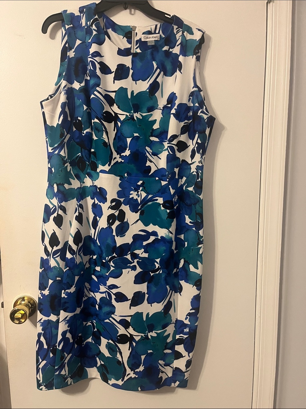 Calvin Klein White Sheath 16 Dress with Blue & Teal Floral Print